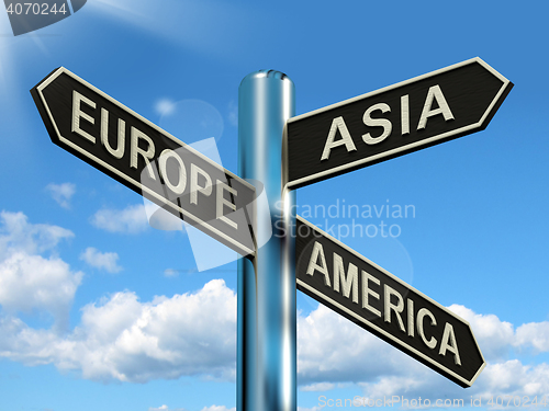 Image of Europe Asia America Signpost Showing Continents For Travel Or To