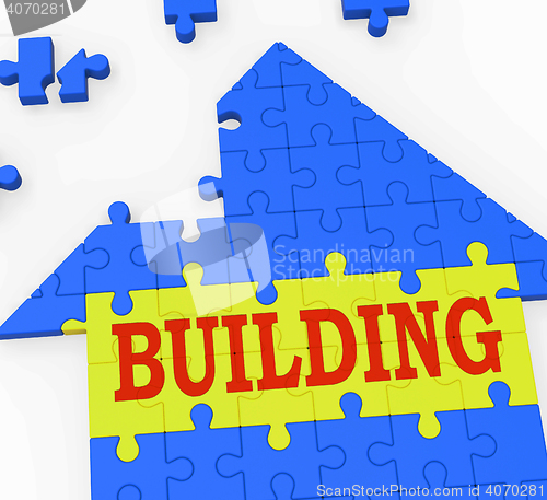 Image of Building House Shows Teamwork Constructing Puzzle