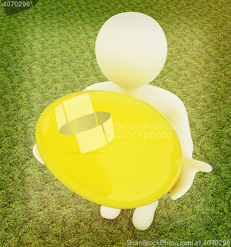 Image of 3d small person holds the big Easter egg in a hand. 3d image. On