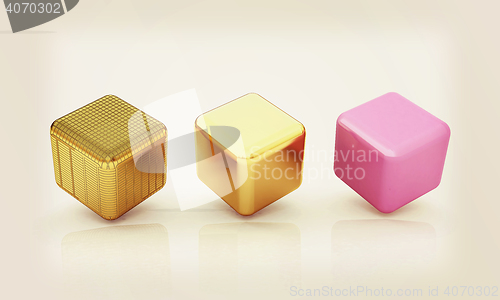 Image of set of all metal cubes of gold, black gold, pink plastic. 3D ill