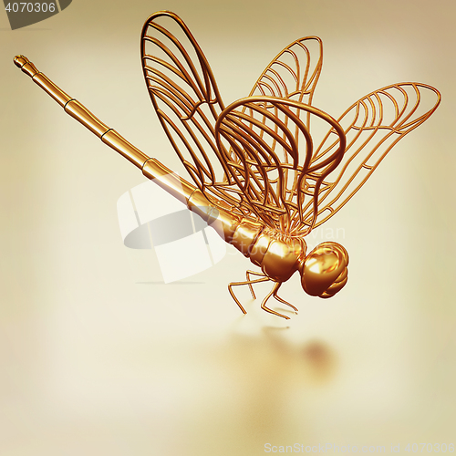 Image of Gold dragonfly on a metall background. 3D illustration. Vintage 