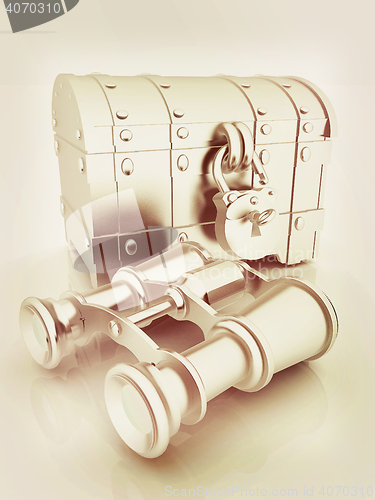 Image of binoculars and chest. 3D illustration. Vintage style.