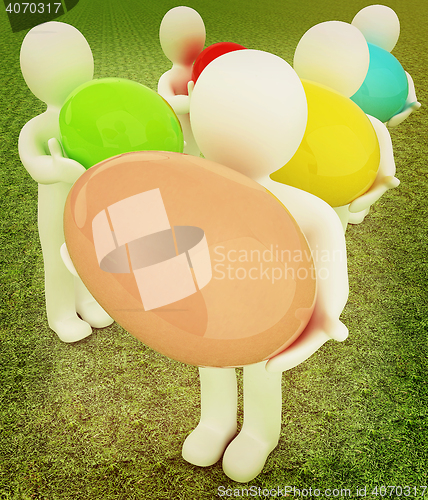 Image of 3d small persons holds the big Easter egg in a hand. 3d image. O