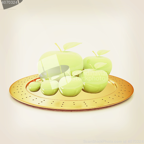 Image of Serving dome or Cloche and apple . 3D illustration. Vintage styl