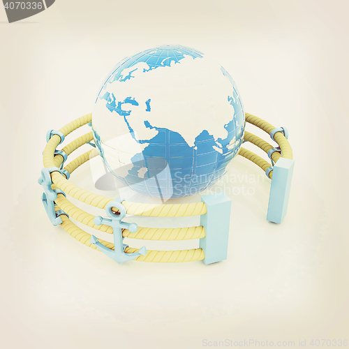 Image of Design fence of anchors on the ropes and Earth in the center. 3D