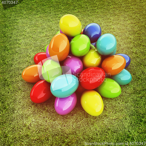 Image of Colored Easter eggs on a green grass. 3D illustration. Vintage s