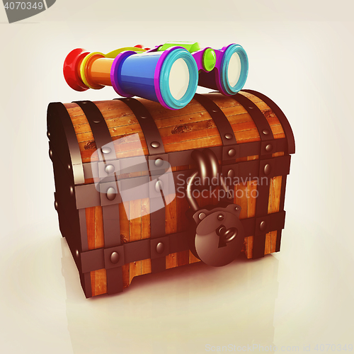 Image of binoculars and chest. 3D illustration. Vintage style.