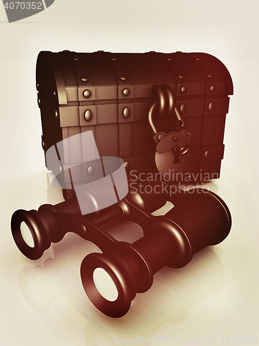 Image of binoculars and chest. 3D illustration. Vintage style.