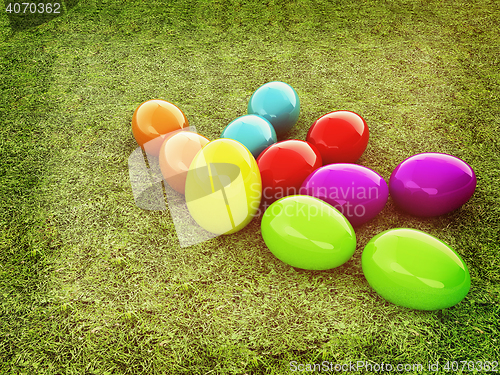 Image of Colored Easter eggs as a flower on a green grass. 3D illustratio