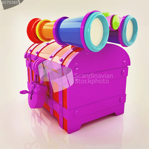 Image of binoculars and chest. 3D illustration. Vintage style.