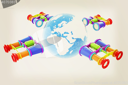 Image of binoculars around earth. 3D illustration. Vintage style.