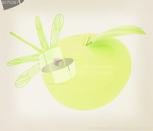 Image of Dragonfly on apple. 3D illustration. Vintage style.