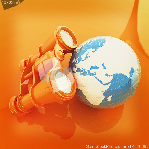 Image of binocular around earth. 3D illustration. Vintage style.