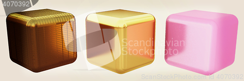 Image of set of all metal cubes of gold, black gold, pink plastic. 3D ill