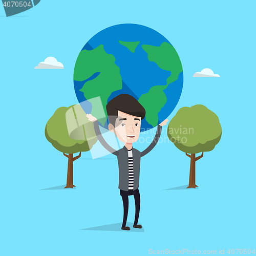 Image of Businessman holding globe vector illustration.