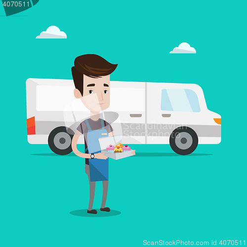 Image of Baker delivering cakes vector illustration.