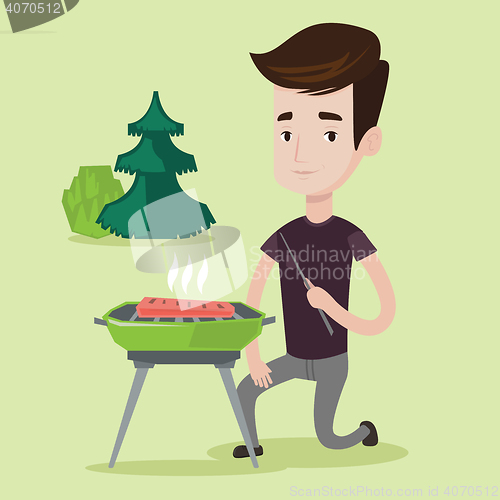 Image of Man cooking meat on barbecue vector illustration.
