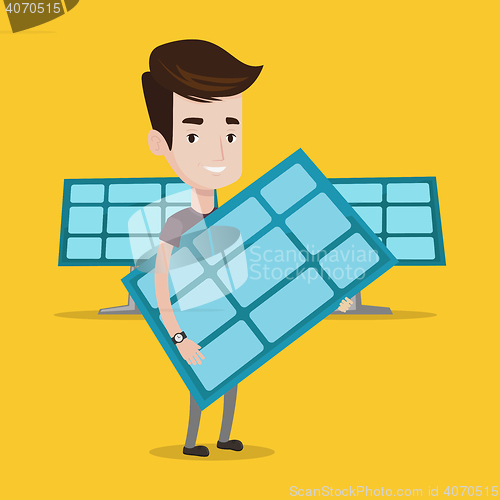 Image of Man holding solar panel vector illustration.