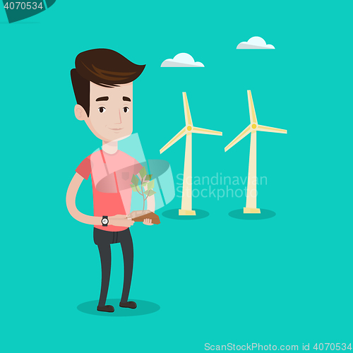 Image of Man holding green small plant vector illustration.