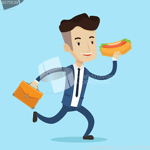 Image of Businessman eating hot dog vector illustration.