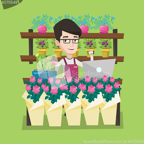 Image of Florist at flower shop vector illustration.