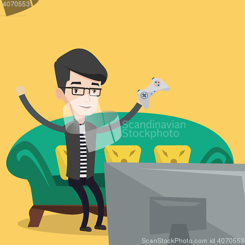 Image of Man playing video game vector illustration.