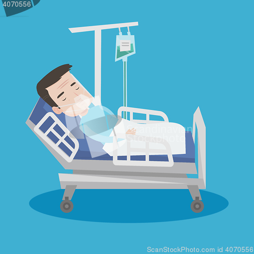 Image of Patient lying in hospital bed with oxygen mask.