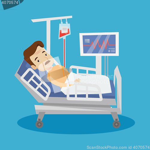 Image of Man lying in hospital bed vector illustration.