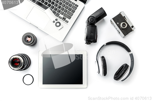 Image of Workplace of business. Modern male accessories and laptop on white