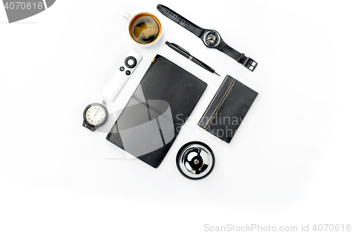 Image of Still life of casual man. Modern male accessories on white