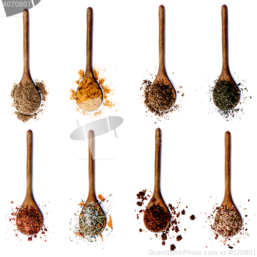 Image of Collection of Spices in Wooden Spoons