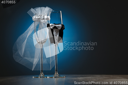 Image of Two wineglass with special decoration for wedding party isolated