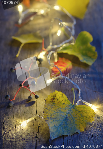 Image of Autumn leaves on wooden board