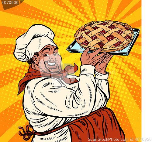 Image of African American or Latino cook with a berry pie