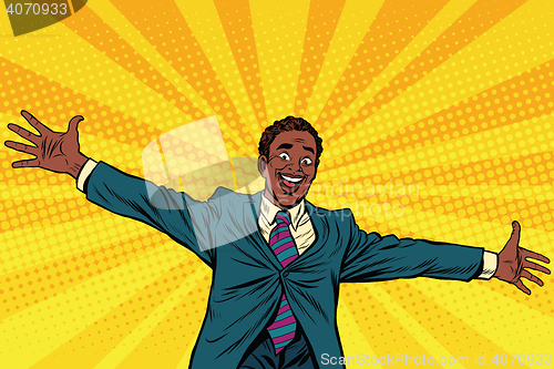 Image of Happy African American businessman open hands for hugs