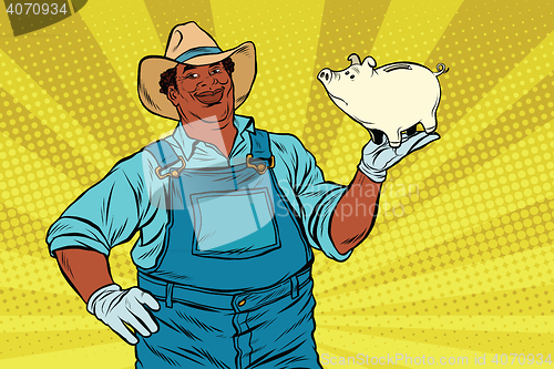 Image of African American farmer with a pig-piggy Bank