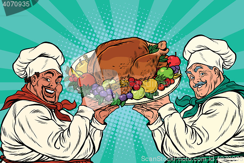 Image of multi-ethnic chefs with roast Turkey