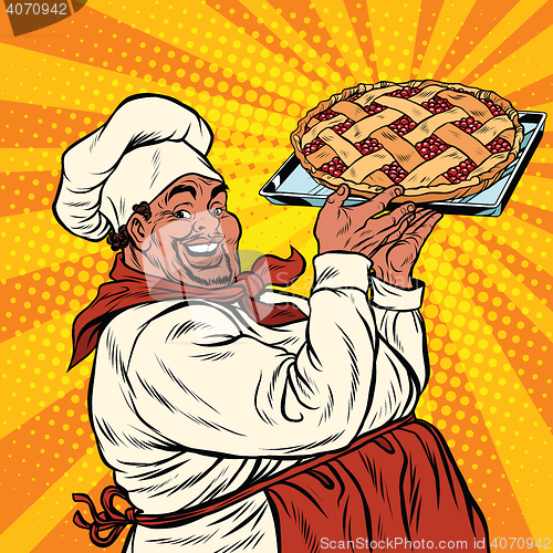 Image of African American or Latino cook with a berry pie