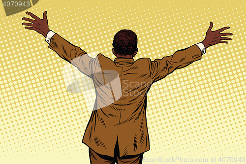 Image of Back African American businessman open hands for hugs