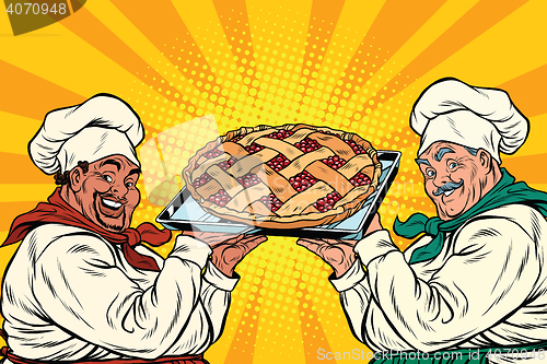 Image of multi-ethnic chefs with berry pie