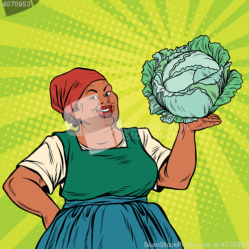Image of Retro old African-American woman with a head of cabbage