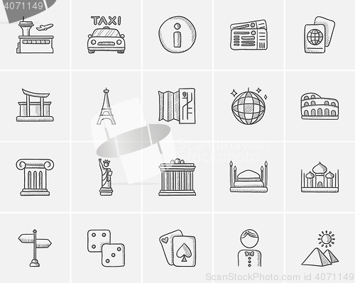 Image of Travel and holiday sketch icon set.