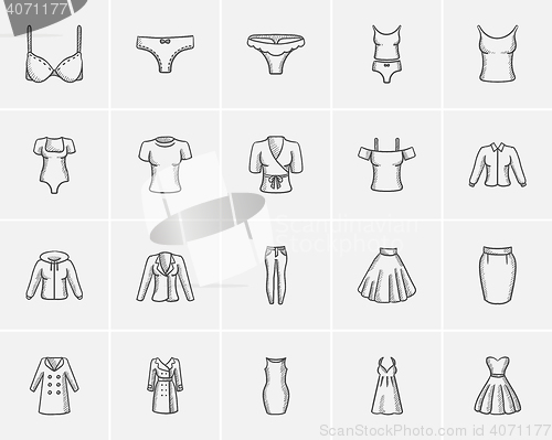 Image of Clothes for women sketch icon set.