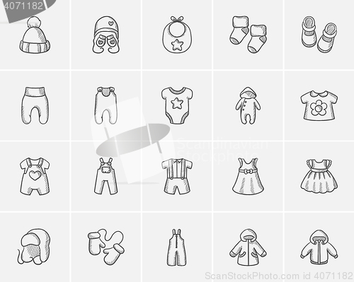 Image of Baby clothes sketch icon set.