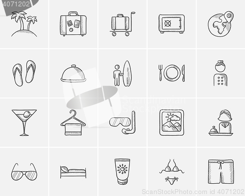 Image of Travel and holiday sketch icon set.