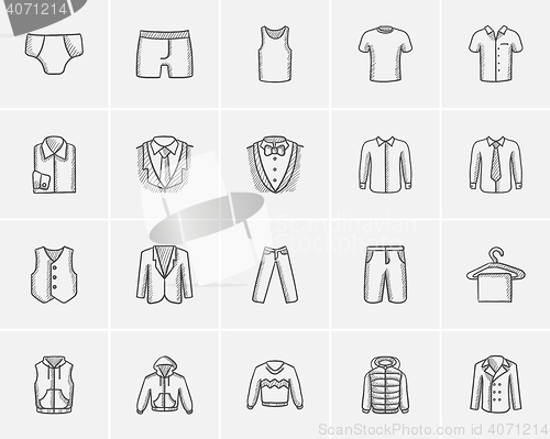 Image of Clothes for men sketch icon set.