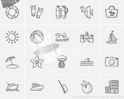 Image of Travel and holiday sketch icon set.