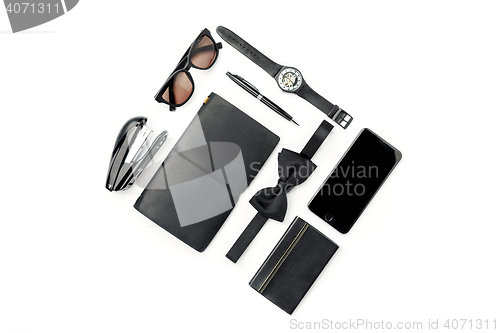 Image of Still life of casual man. Modern male accessories on white