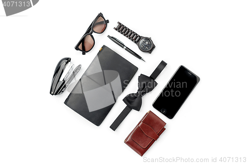 Image of Still life of casual man. Modern male accessories on white