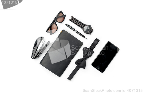 Image of Still life of casual man. Modern male accessories on white